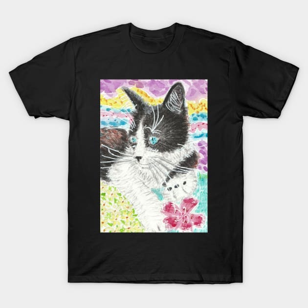 Black and white cat blue eyes T-Shirt by SamsArtworks